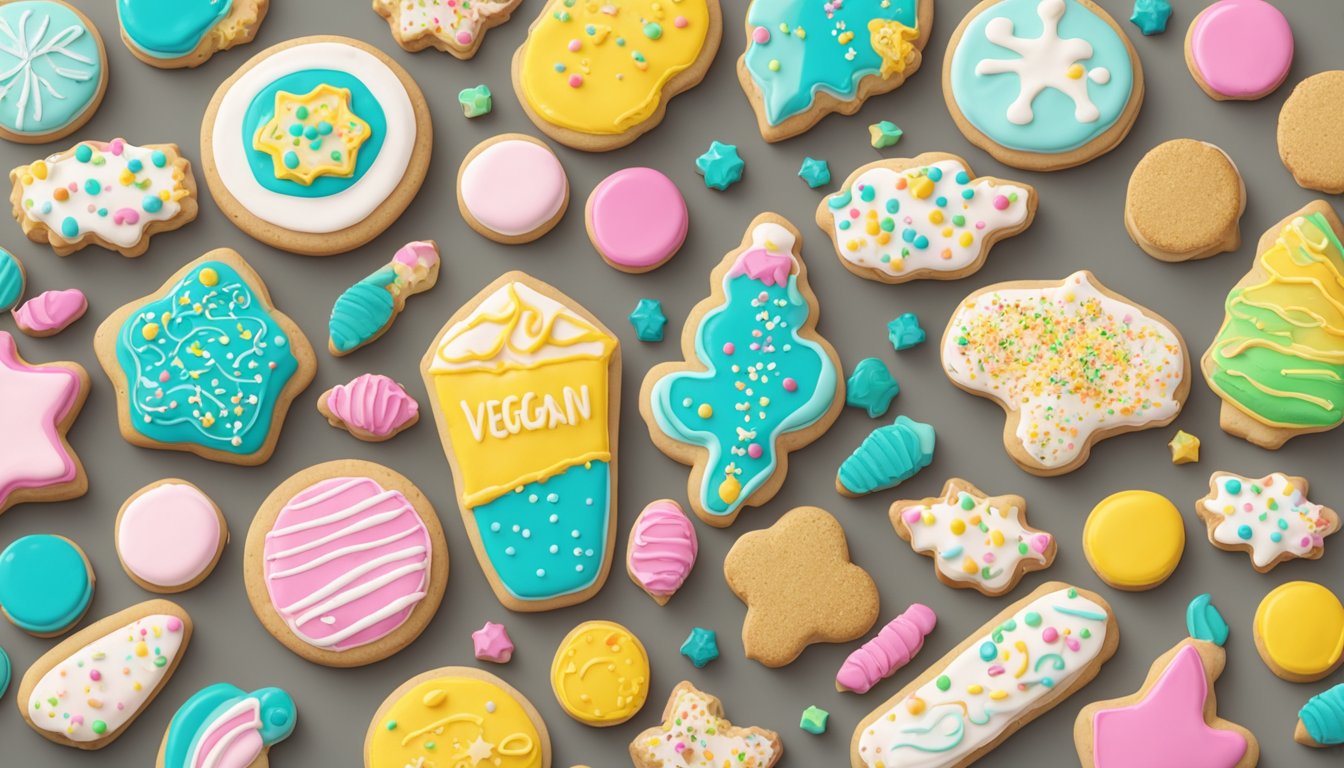 A colorful array of sugar cookies, some plain, some decorated with icing and sprinkles, sit on a table. A label indicates "vegan" status