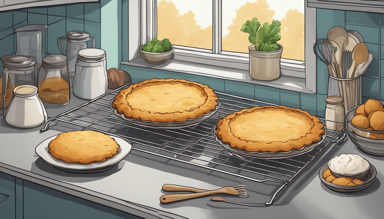 A kitchen counter with a freshly baked hoosier pie cooling on a wire rack, surrounded by various vegan baking ingredients and utensils