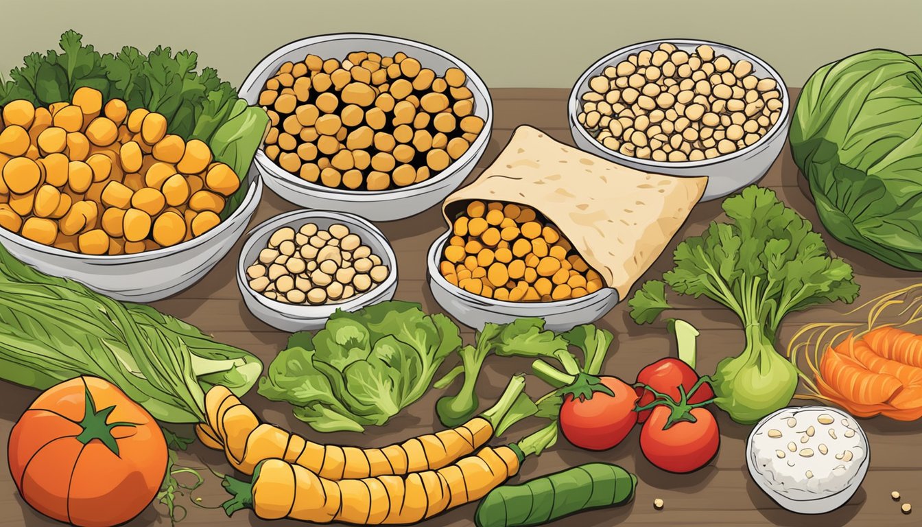 A colorful array of fresh vegetables and chickpeas arranged on a table, with a whole grain wrap nearby