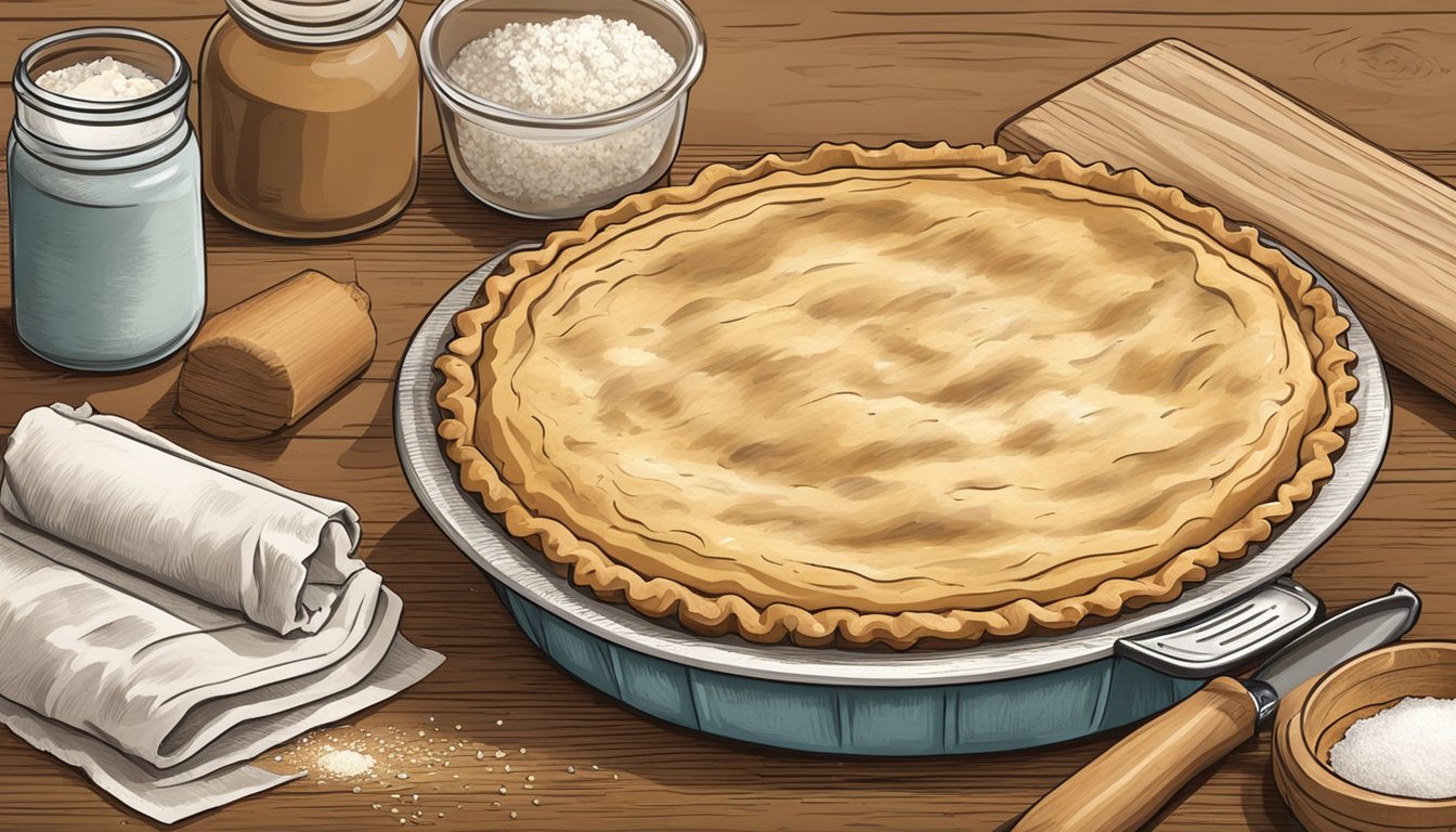 A rustic kitchen table with a freshly baked hoosier pie surrounded by ingredients like flour, sugar, and a rolling pin