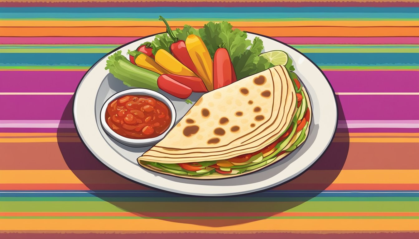 A colorful plate with a veggie quesadilla, salsa, and sliced vegetables, set on a vibrant placemat