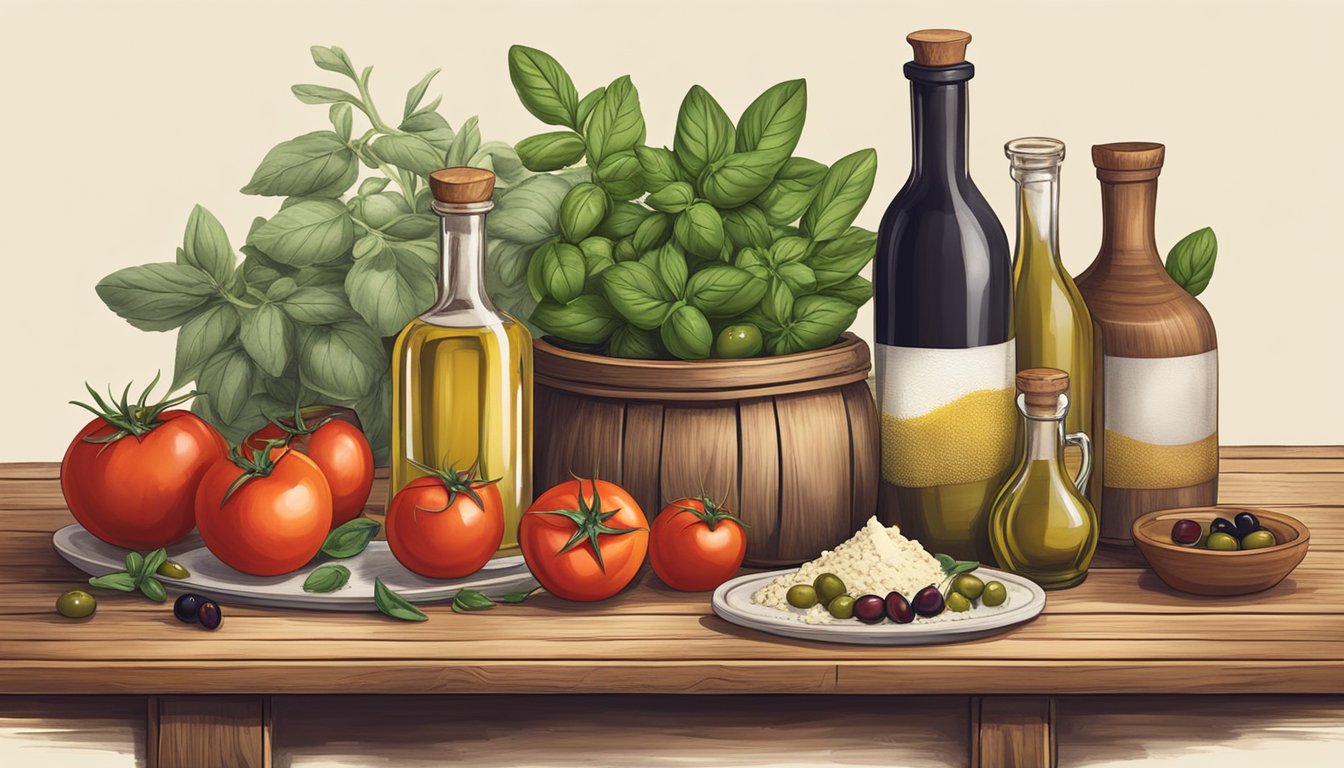 A rustic wooden table topped with fresh tomatoes, basil, olives, and artichokes, surrounded by bags of flour and bottles of olive oil