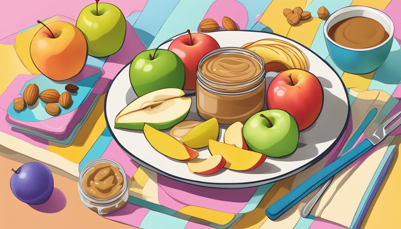 A colorful plate with apple slices and nut butter, surrounded by playful lunch items