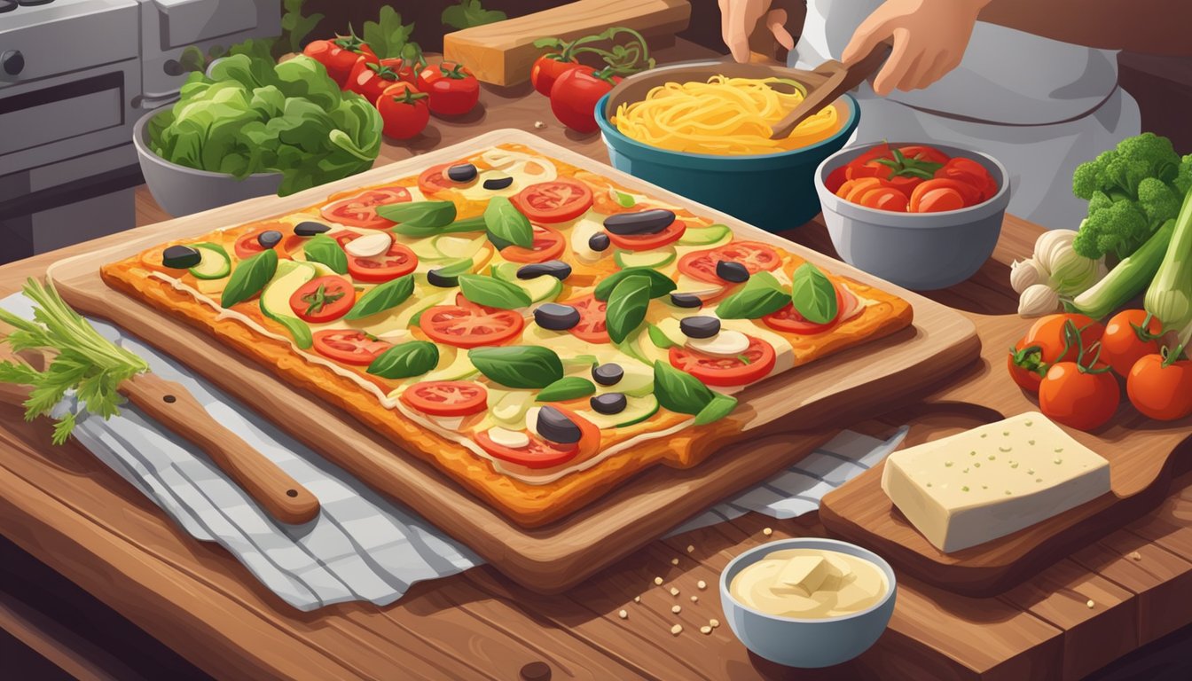 A chef preparing vegan Sicilian pizza with fresh vegetables and dairy-free cheese on a wooden cutting board, surrounded by colorful ingredients and kitchen utensils