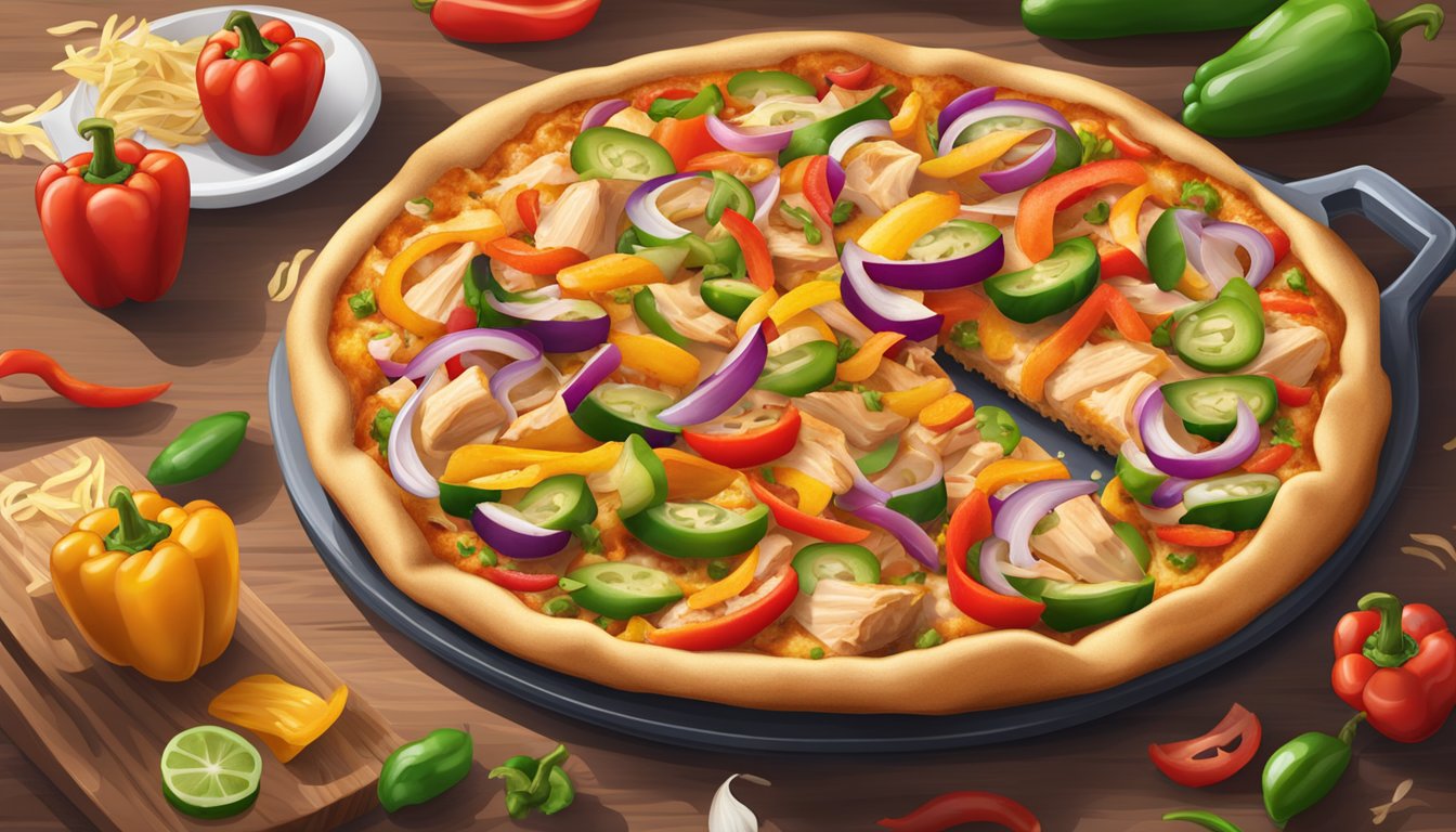 A sizzling chicken fajita pizza with colorful bell peppers, onions, and tender strips of seasoned chicken on a golden, crispy crust