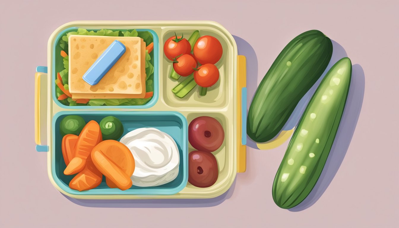 A colorful lunchbox with a cucumber and hummus sandwich, carrot sticks, cherry tomatoes, and a small container of yogurt