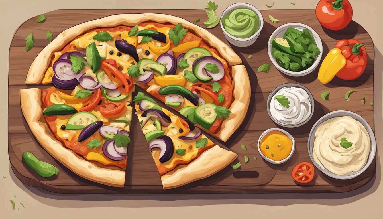 A colorful pizza topped with grilled vegetables and vegan cheese, with a side of chicken fajitas on a wooden cutting board