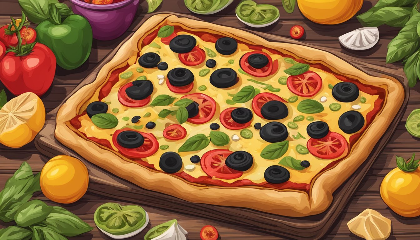 A Sicilian pizza with vegan toppings, colorful and appetizing, sits on a rustic wooden table with fresh ingredients scattered around