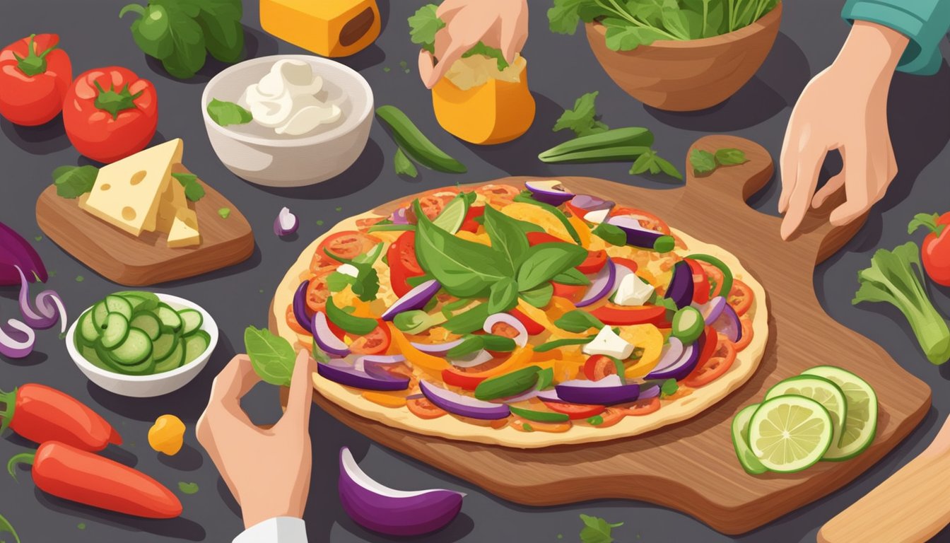 A chef prepares a colorful vegan fajita pizza with a variety of fresh vegetables and plant-based cheese on a wooden cutting board