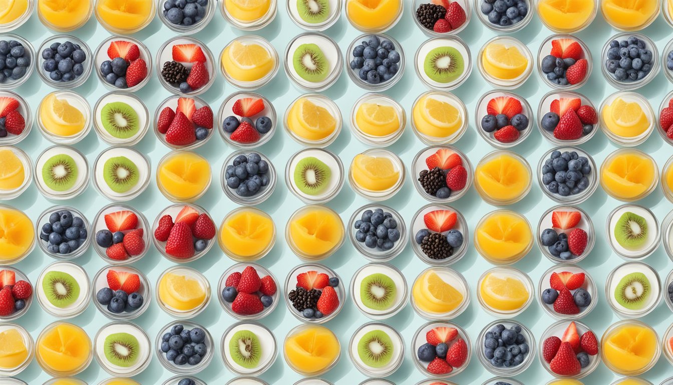 A colorful array of mini Greek yogurt parfaits, topped with fresh fruit and granola, arranged on a bright, kid-friendly lunch tray