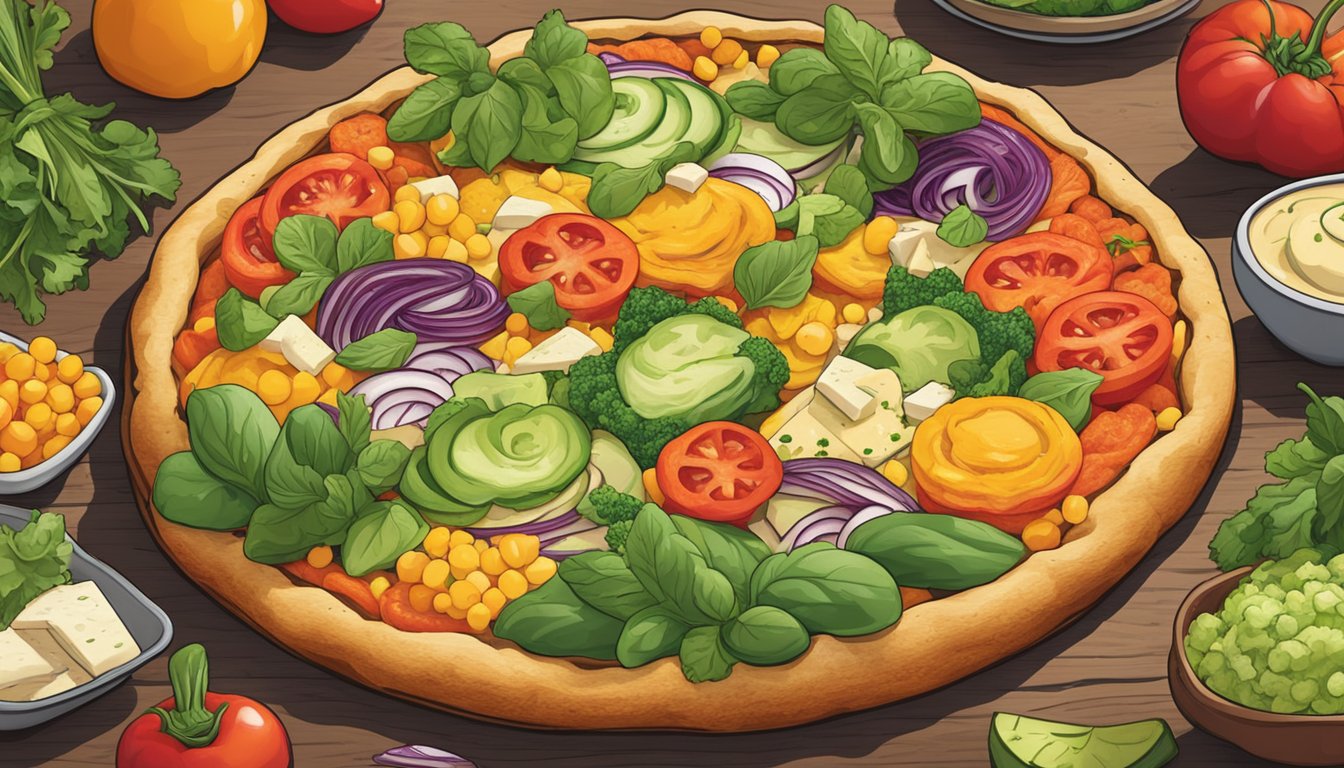 A colorful array of fresh vegetables, herbs, and vegan cheese spread across a rustic, golden-brown Sicilian pizza crust