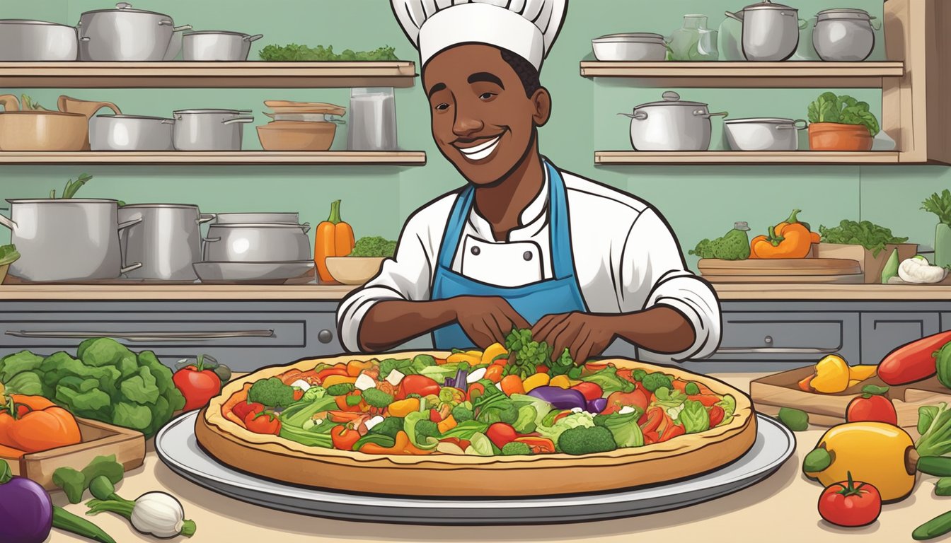 A chef preparing a colorful array of fresh vegetables and plant-based cheese to top a thick, golden-brown Chicago deep dish pizza crust