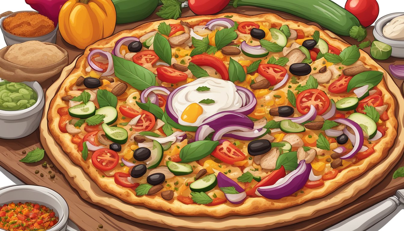 A colorful array of seasonings and spices surrounding a sizzling chicken fajita pizza, with vibrant vegetables and savory ingredients