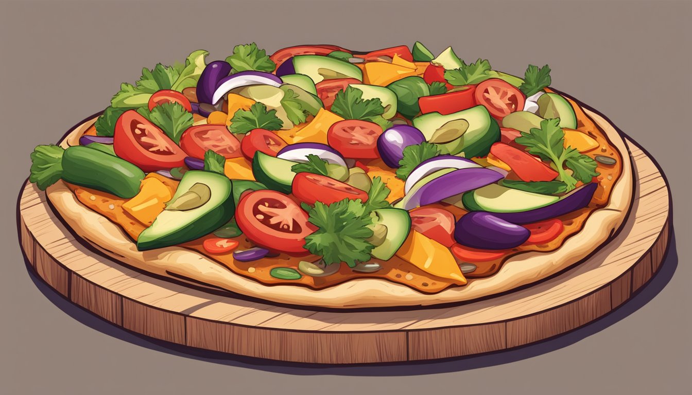 A sizzling chicken fajita pizza topped with colorful veggies and vegan cheese on a wooden pizza board