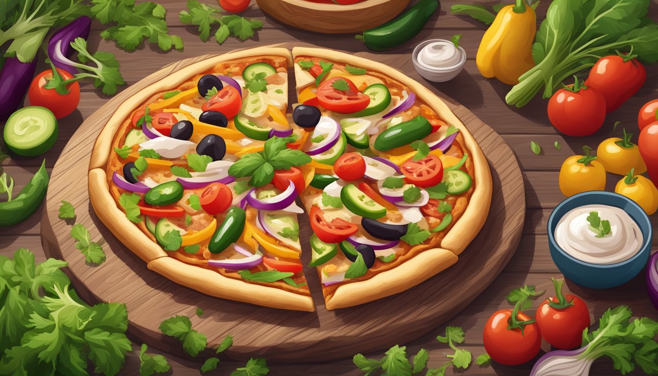 A colorful chicken fajita pizza surrounded by fresh vegetables and herbs on a wooden serving board