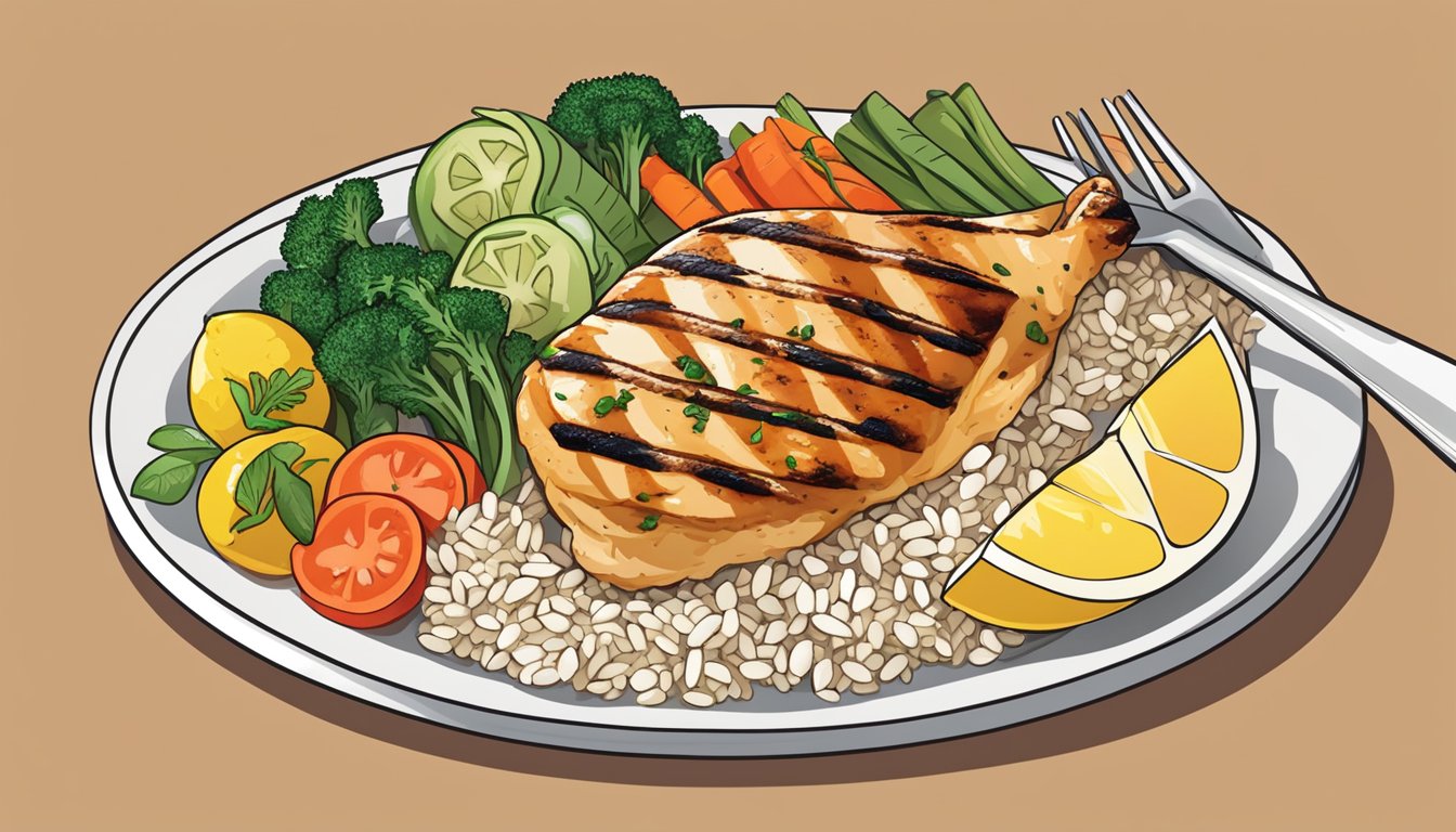 A plate of grilled lemon herb chicken, surrounded by colorful, diabetes-friendly vegetables and a side of whole grain rice