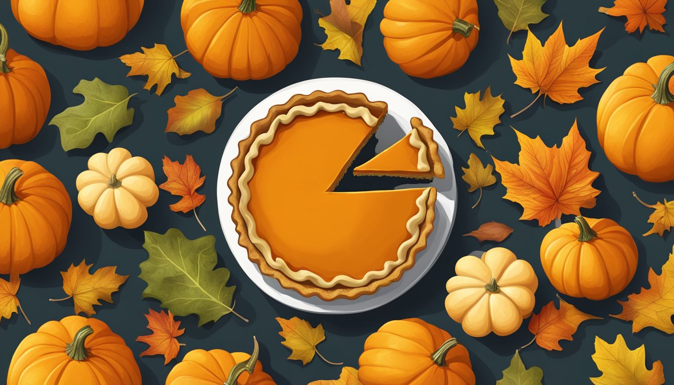 A slice of pumpkin pie surrounded by fresh pumpkins and autumn leaves