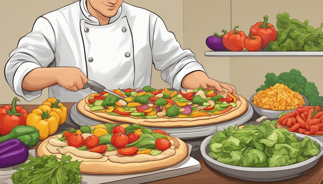 A chef prepares a colorful array of chopped vegetables and seasoned chicken on a pizza crust, ready for the oven