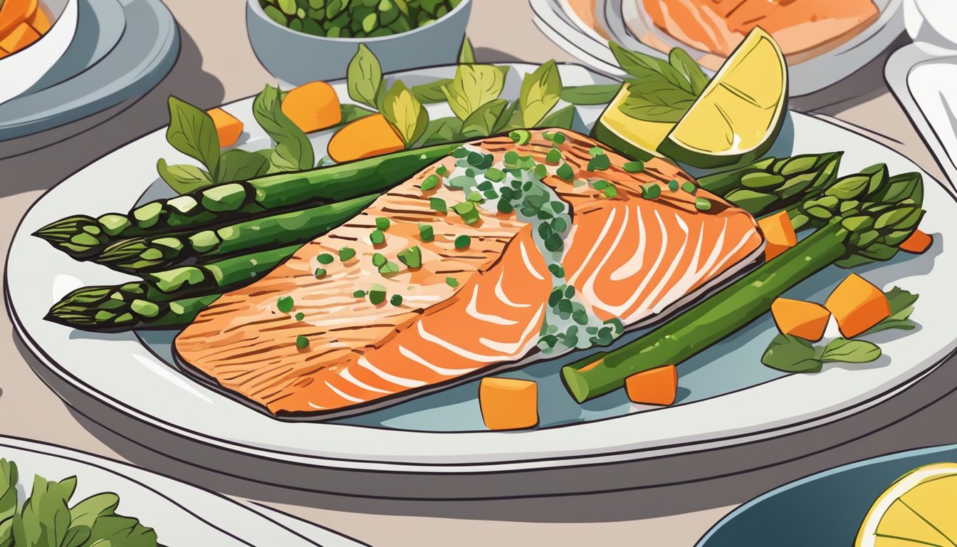 A plate of baked salmon with asparagus, accompanied by a side of colorful vegetables and a sprinkle of herbs, sits on a clean, modern dinner table