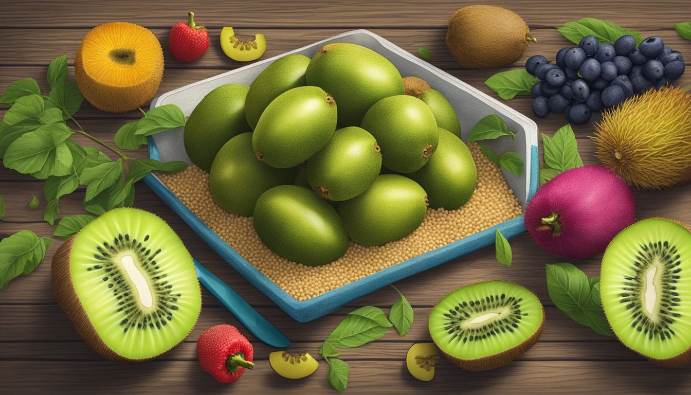 A colorful array of fresh kiwi, quinoa, and peppers arranged on a rustic wooden table, surrounded by vibrant New Zealand-inspired decor