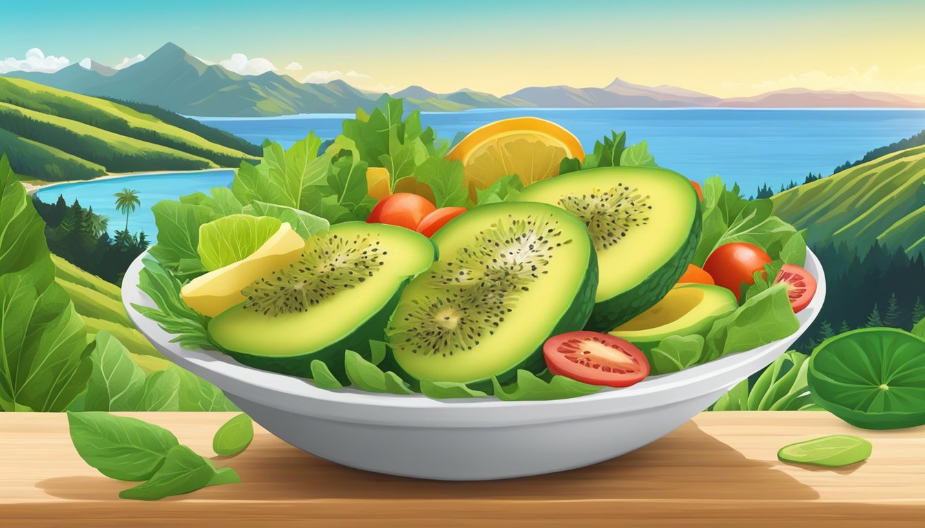 A vibrant salad bowl filled with sliced kiwi and avocado, surrounded by fresh greens and colorful ingredients, set against a backdrop of New Zealand scenery