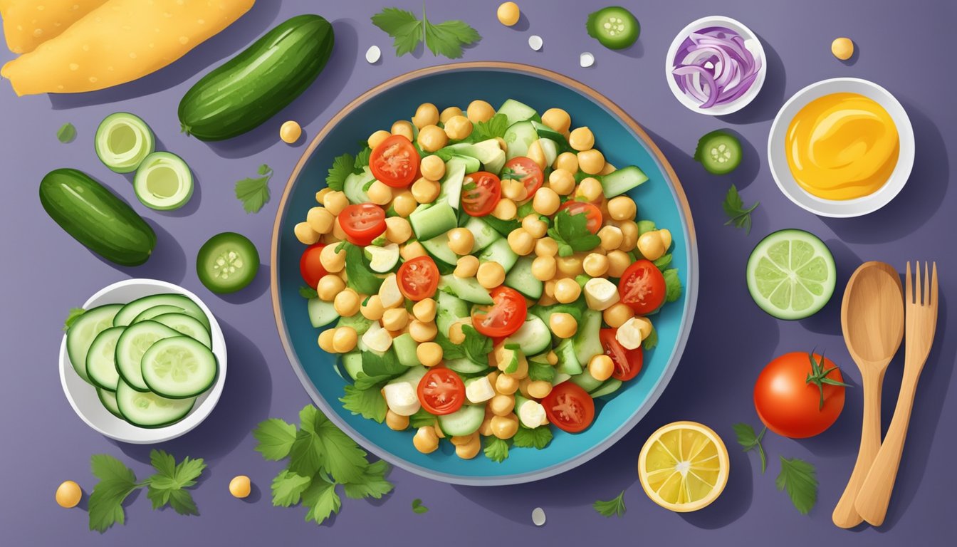 A vibrant bowl of chickpea salad with fresh cucumber and tomatoes, surrounded by colorful ingredients and a balanced meal