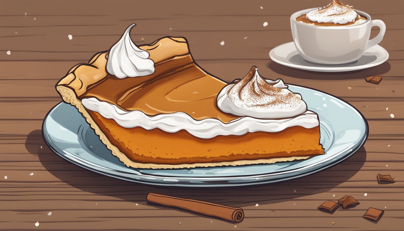 A slice of pumpkin pie on a rustic wooden table with a dollop of coconut whipped cream and a sprinkle of cinnamon