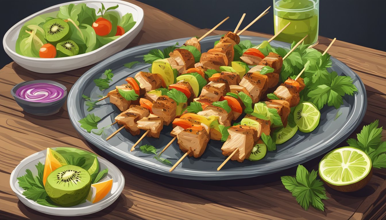 A colorful plate of kiwi marinated chicken skewers surrounded by fresh vegetables and herbs, set on a rustic wooden table