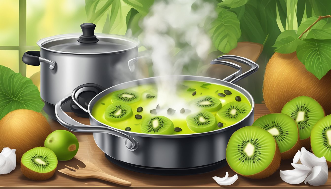 A steaming pot of kiwi and coconut milk curry simmering on a stovetop, surrounded by vibrant fresh kiwi fruit and other ingredients