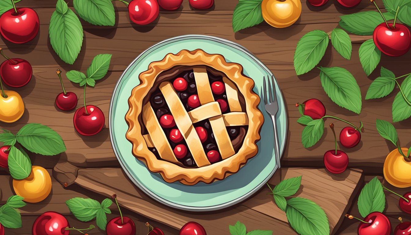 A rustic wooden table with a freshly baked cherry pie, surrounded by vibrant red cherries and a sprig of fresh mint