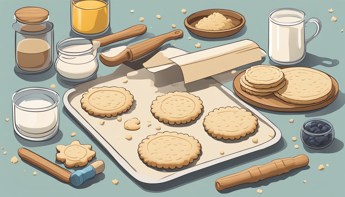 A kitchen counter with a rolling pin, cookie cutters, and a tray of freshly baked linzer cookies. Ingredients like flour, sugar, and almond meal are scattered around