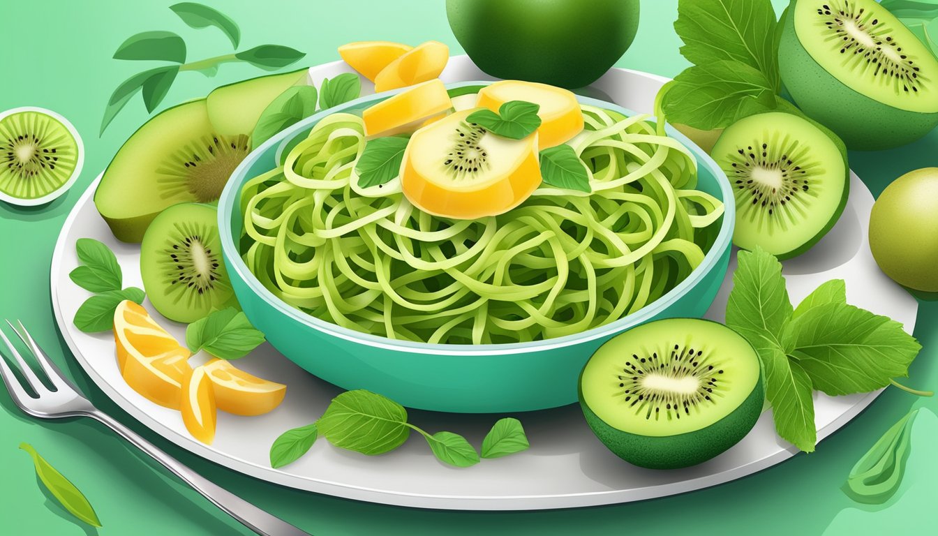 A colorful plate of zucchini noodles topped with vibrant kiwi sauce, surrounded by fresh kiwi fruit and other diabetes-friendly ingredients