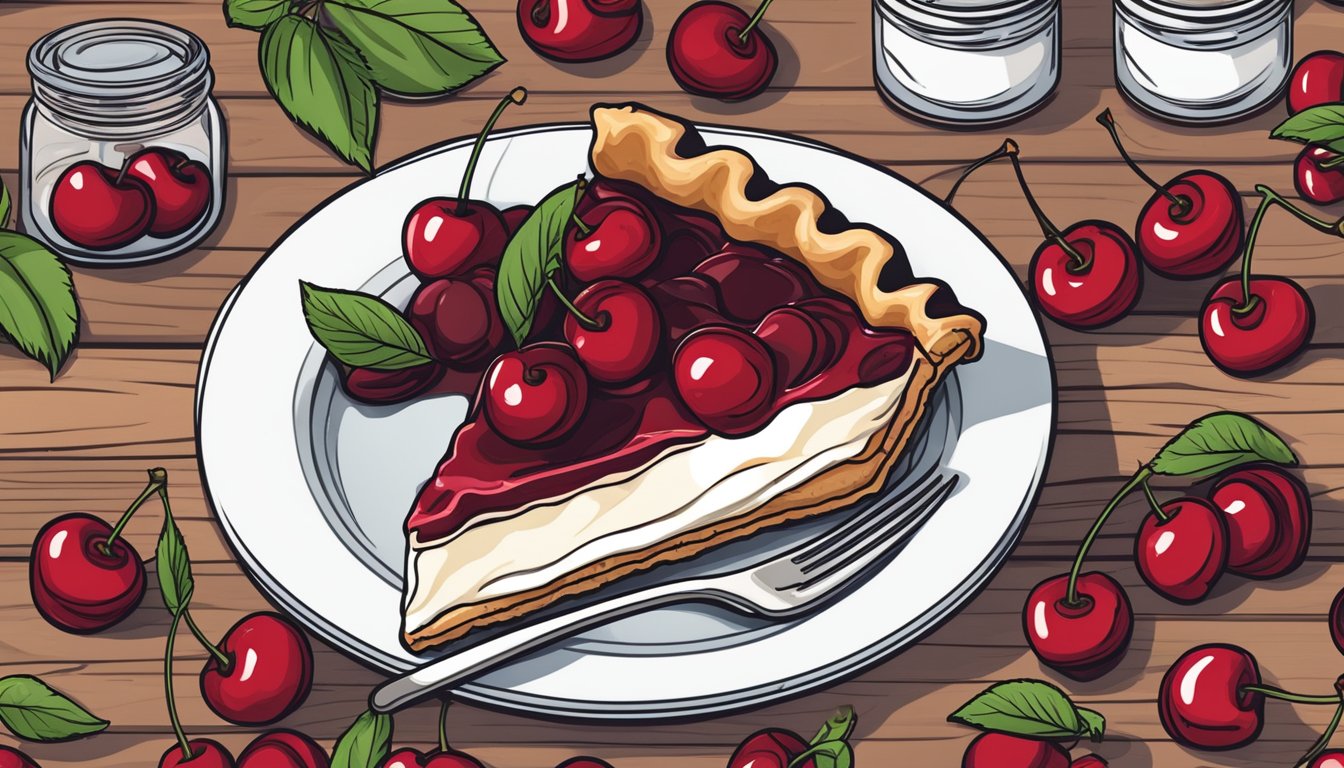 A slice of cherry pie sits on a rustic wooden table, surrounded by fresh cherries and a jar of vegan whipped cream