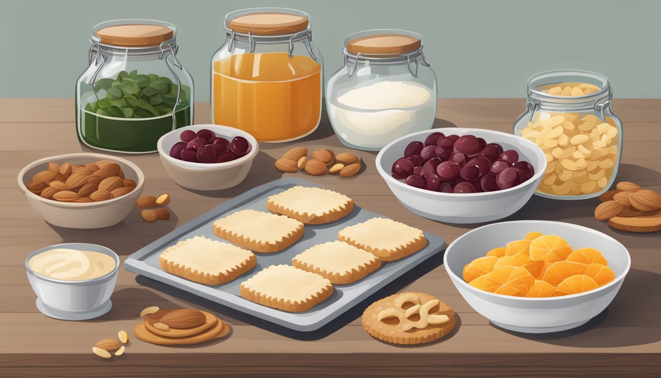 A table with a variety of ingredients spread out, including nuts, flour, and fruit preserves, with linzer cookies being assembled