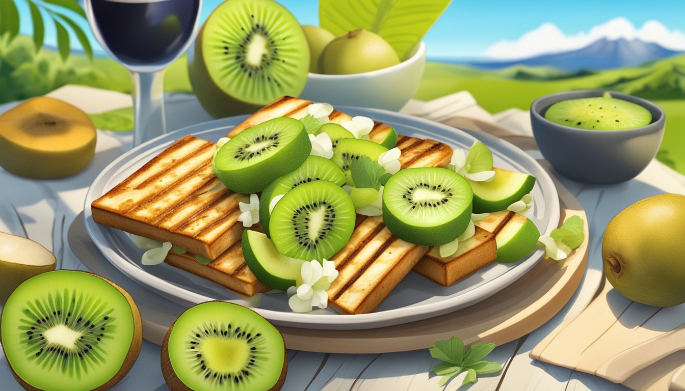 A plate of grilled tofu infused with kiwi, surrounded by fresh kiwi slices and other diabetes-friendly ingredients, set against a backdrop of a New Zealand home