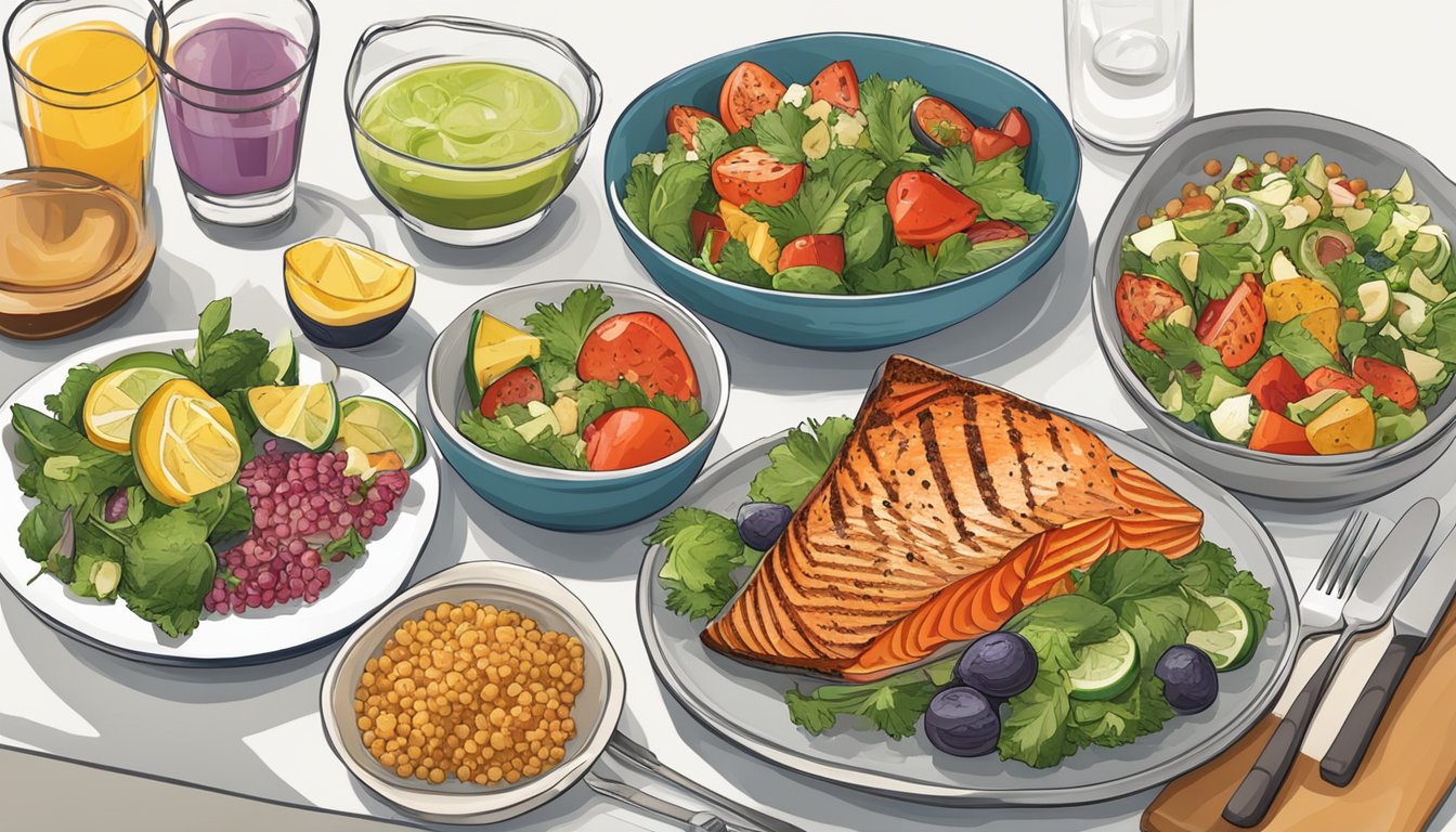 A table set with colorful, nutrient-rich dishes: grilled salmon, roasted vegetables, quinoa salad, and fresh fruit for a diabetes-friendly dinner menu