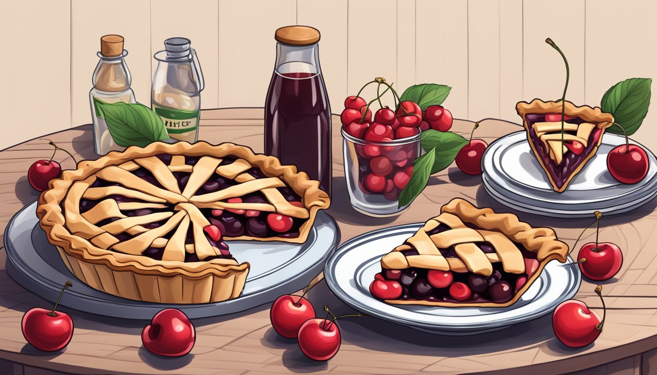 A table set with a slice of cherry pie and a vegan label