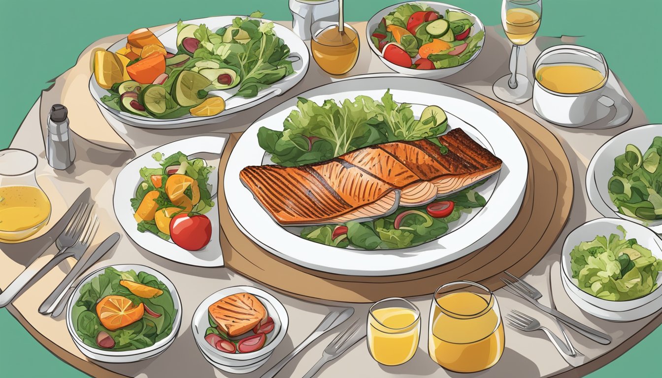 A table set with a colorful array of diabetes-friendly dishes, including grilled salmon, roasted vegetables, and a mixed green salad with vinaigrette