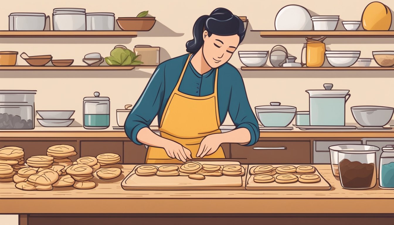 A person wearing an apron assembles and bakes linzer cookies with vegan ingredients on a wooden kitchen counter