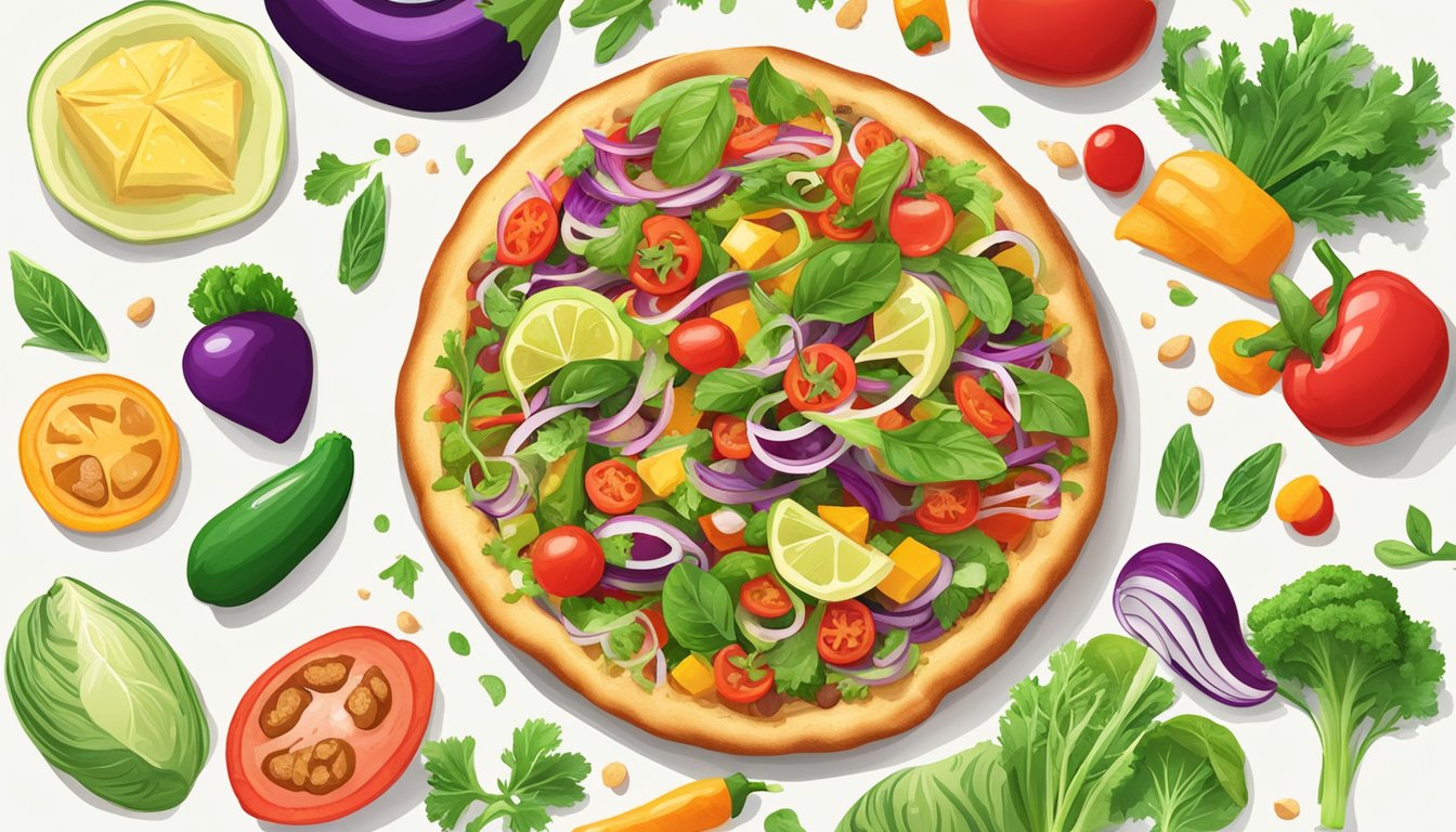 A colorful taco pizza surrounded by fresh vegetables and plant-based ingredients