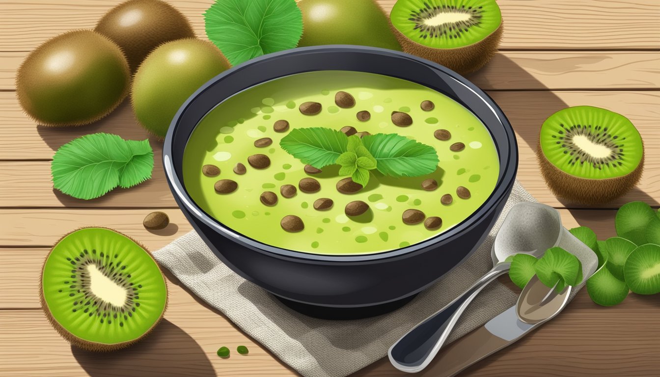 A steaming bowl of kiwi and lentil soup sits on a rustic wooden table, surrounded by fresh kiwi fruit and vibrant green lentils