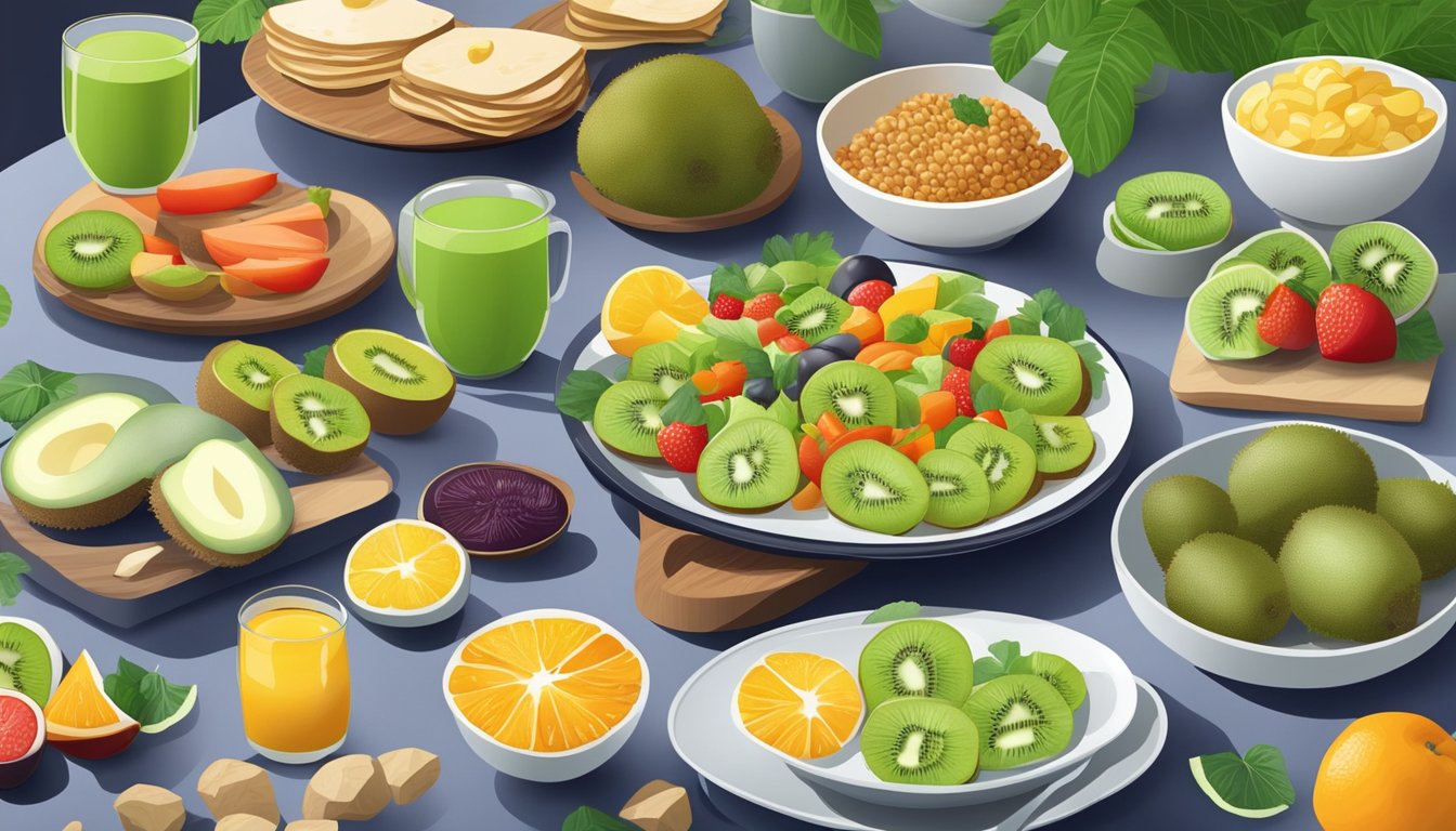 A colorful spread of kiwi-inspired dishes on a dining table, with fresh fruits and vegetables, lean proteins, and whole grains