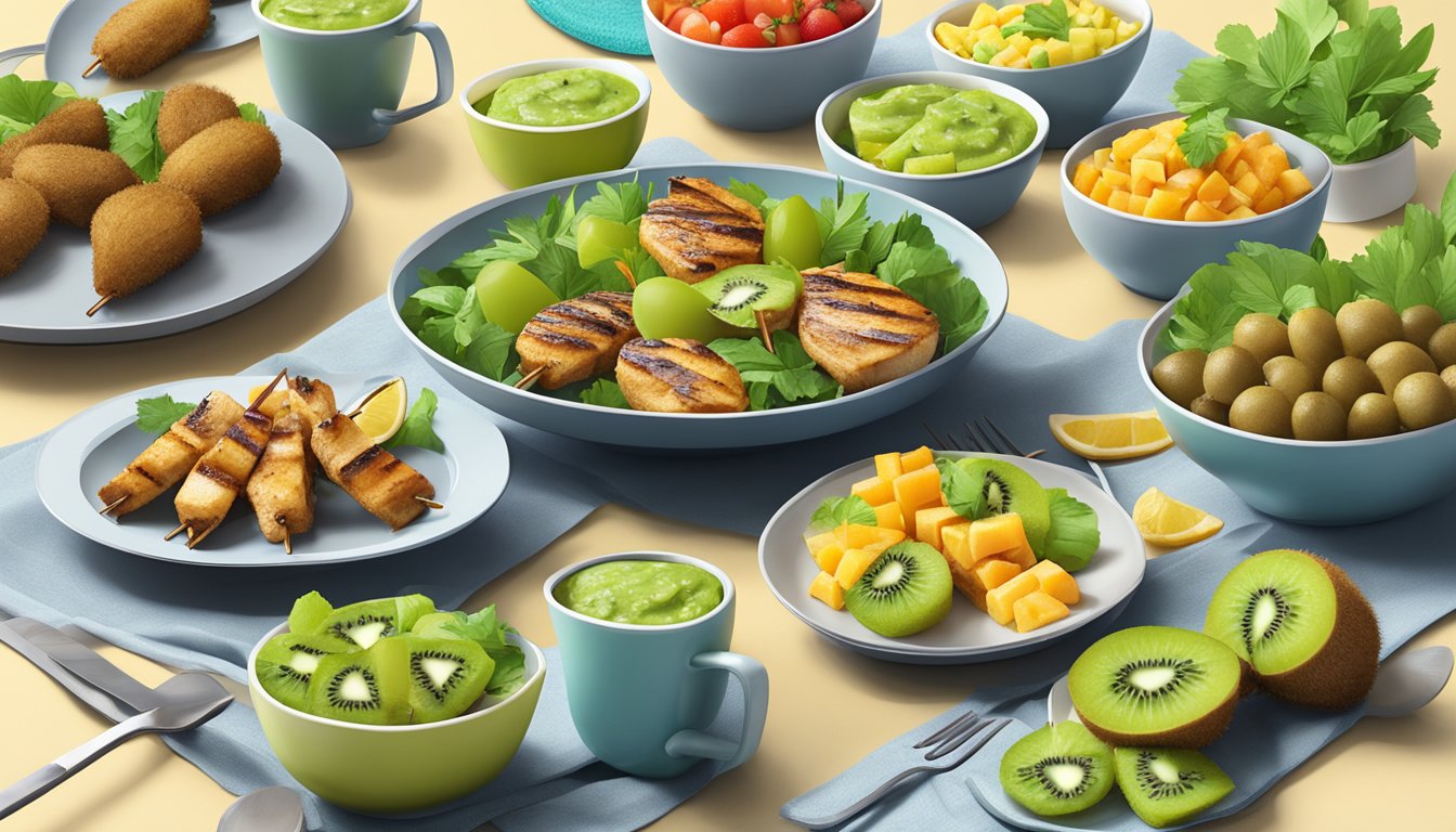 A colorful array of kiwi-inspired dishes arranged on a dining table, including grilled kiwi chicken skewers, kiwi salsa, and kiwi-infused salad