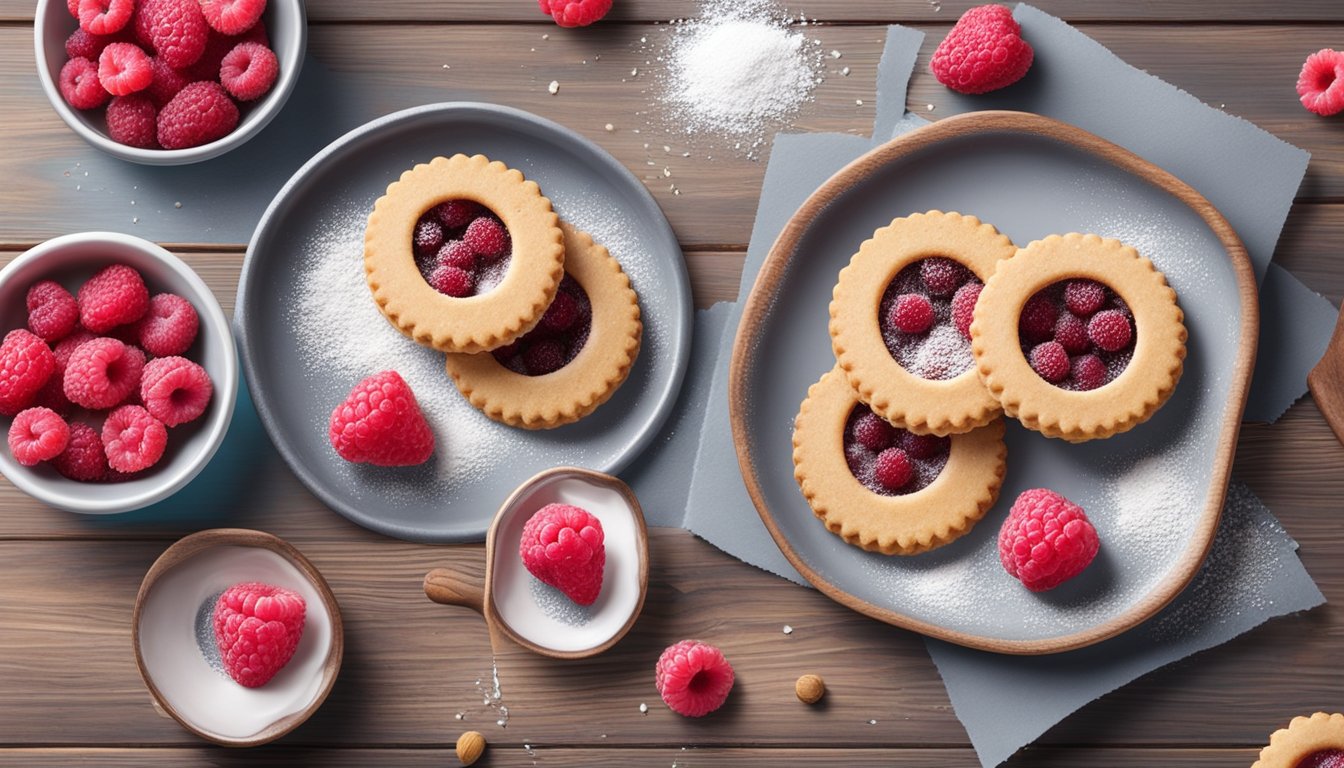 A plate of vegan Linzer cookies on a rustic wooden table, with a scattering of powdered sugar and a few fresh raspberries for decoration