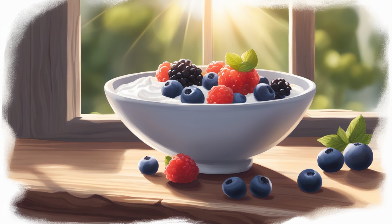 A bowl of Greek yogurt topped with fresh berries sits on a rustic wooden table, surrounded by a scattering of additional berries. Sunlight streams in through a nearby window, casting a warm glow over the scene