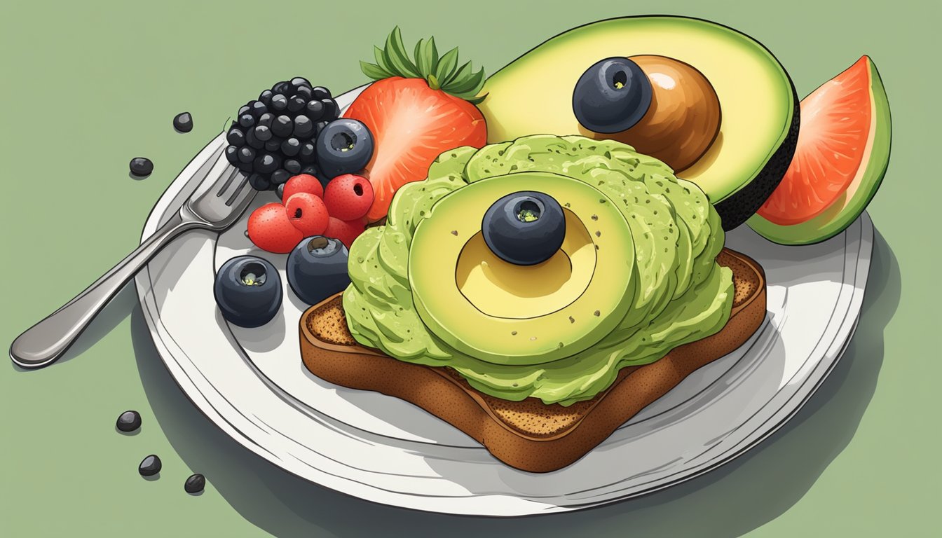 A plate of whole grain avocado toast with sliced avocado, sprinkled with black pepper and served with a side of fresh fruit