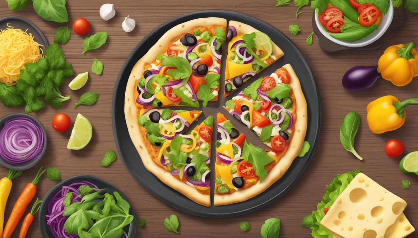 A colorful taco pizza on a round plate with vibrant, fresh vegetables and plant-based cheese, placed on a wooden table