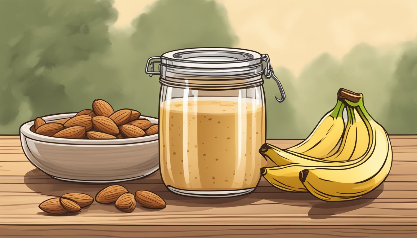 A glass filled with almond butter smoothie surrounded by fresh almonds, bananas, and a jar of honey on a wooden table