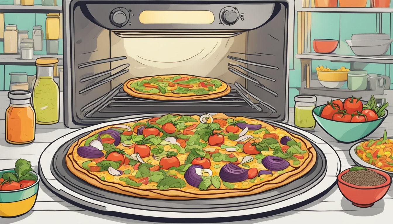 A colorful taco pizza surrounded by various vegan ingredients, being placed in the oven for reheating