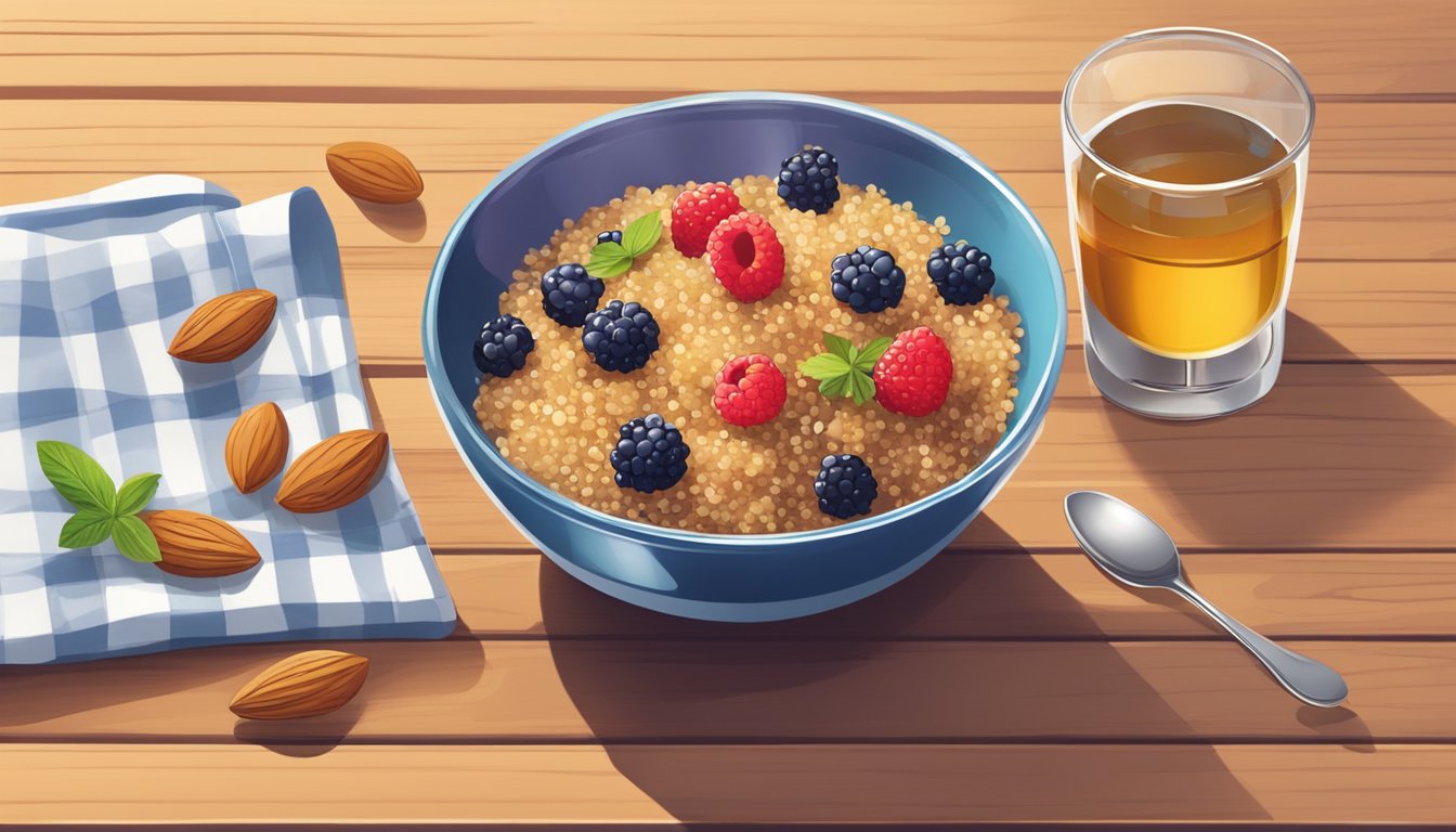 A colorful bowl filled with cooked quinoa, fresh berries, sliced almonds, and a drizzle of honey, sitting on a wooden table with a glass of water and a napkin